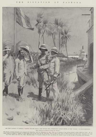 The Situation at Fashoda, the First Landing at Fashoda, Waiting for the Sirdar, Lord Edward Cecil Introducing Captain Keppel, of the Sultan, to Major Marchand by William Barnes Wollen